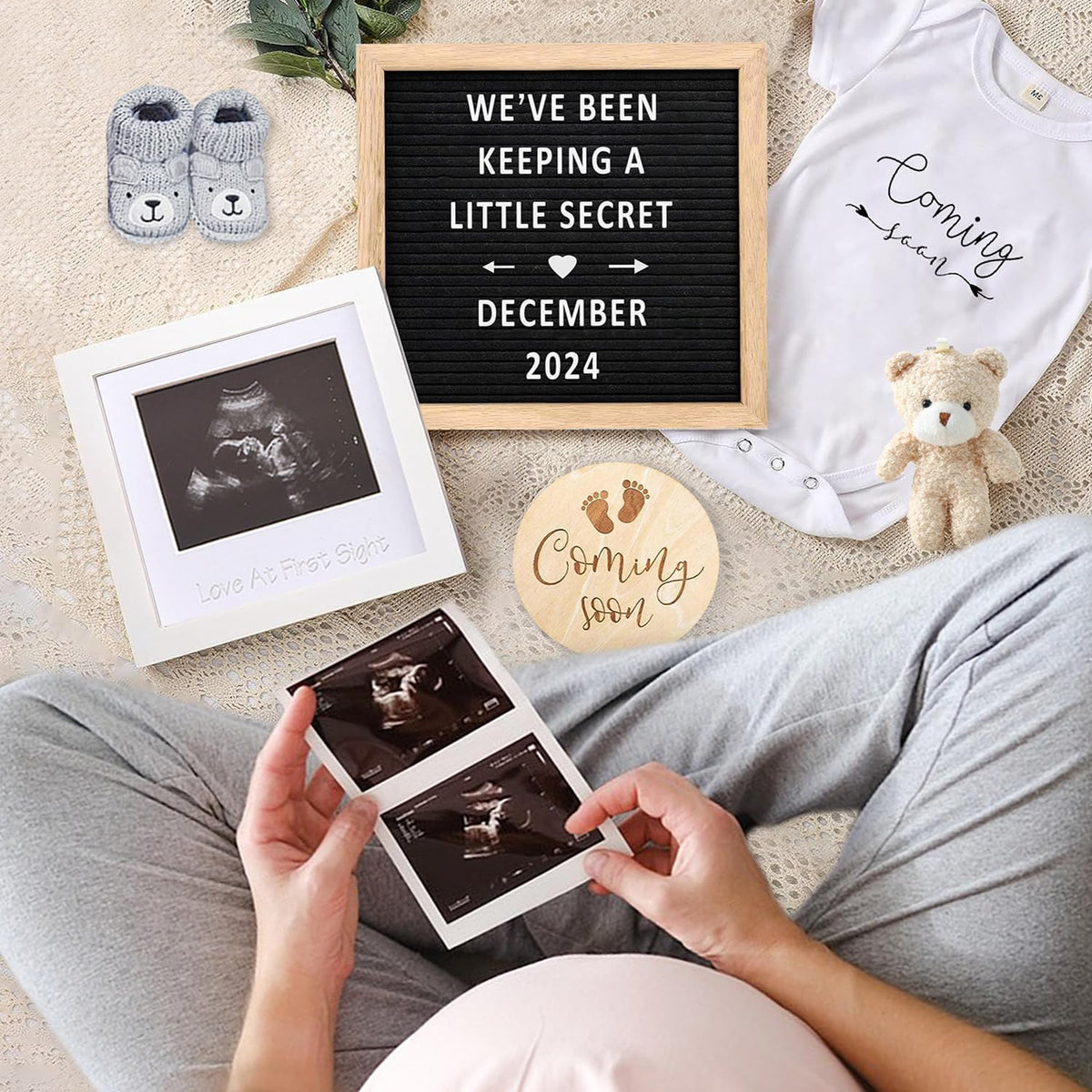 Pregnancy Announcement, Baby Announcement Ideas Set Include Felt Letter Board, Baby Onesie, Booties, Photo Frame, Wooden Sign and Bear Plush, Pregnancy Announcement Photo Props Coming Soon Baby Announcement
