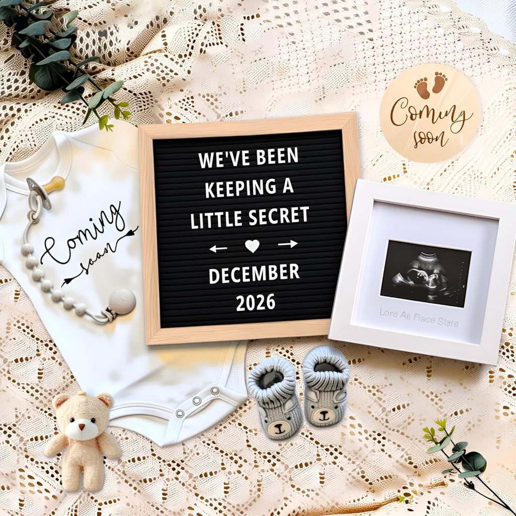 Pregnancy Announcement, Baby Announcement Ideas Set Include Felt Letter Board, Baby Onesie, Booties, Photo Frame, Wooden Sign and Bear Plush, Pregnancy Announcement Photo Props Coming Soon Baby Announcement