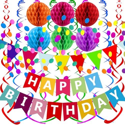 Happy Birthday Banner With Colorful Paper Flag Bunting Paper Circle Confetti Garland Swirl Streamers Honeycomb ball for Birthday Party Decorations