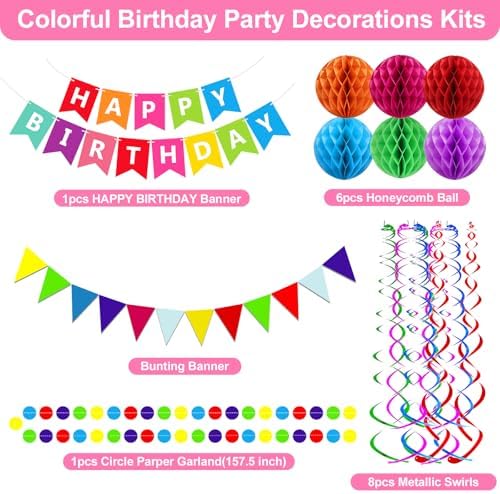 Happy Birthday Banner With Colorful Paper Flag Bunting Paper Circle Confetti Garland Swirl Streamers Honeycomb ball for Birthday Party Decorations