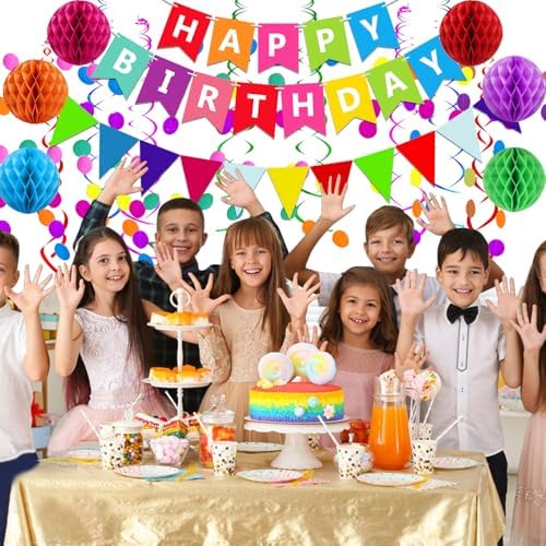 Happy Birthday Banner With Colorful Paper Flag Bunting Paper Circle Confetti Garland Swirl Streamers Honeycomb ball for Birthday Party Decorations