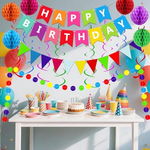 Happy Birthday Banner With Colorful Paper Flag Bunting Paper Circle Confetti Garland Swirl Streamers Honeycomb ball for Birthday Party Decorations