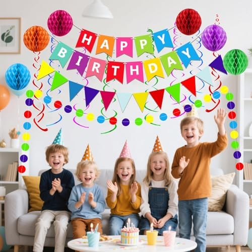Happy Birthday Banner With Colorful Paper Flag Bunting Paper Circle Confetti Garland Swirl Streamers Honeycomb ball for Birthday Party Decorations