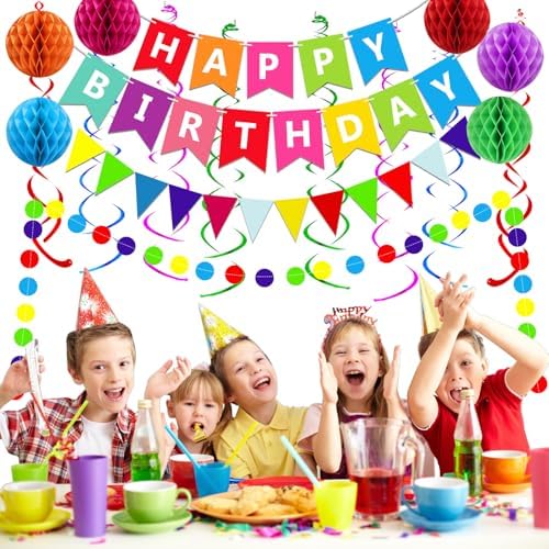 Happy Birthday Banner With Colorful Paper Flag Bunting Paper Circle Confetti Garland Swirl Streamers Honeycomb ball for Birthday Party Decorations