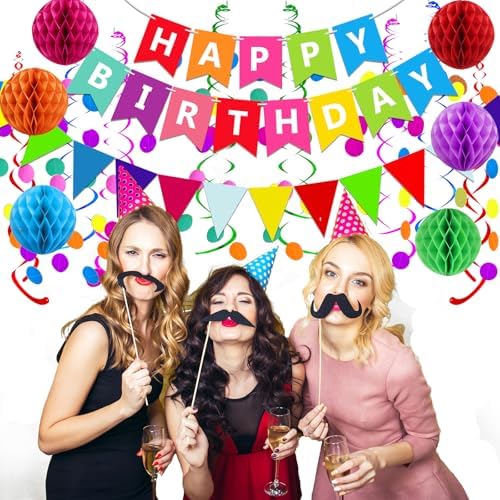 Happy Birthday Banner With Colorful Paper Flag Bunting Paper Circle Confetti Garland Swirl Streamers Honeycomb ball for Birthday Party Decorations