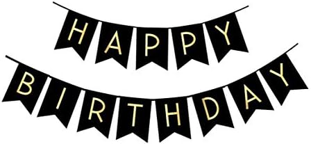 Black Happy Birthday Bunting Banner with Shiny Gold Letters Pre-Strung No DIY for Birthday Party Decorations (Black)