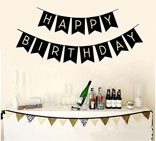 Black Happy Birthday Bunting Banner with Shiny Gold Letters Pre-Strung No DIY for Birthday Party Decorations (Black)