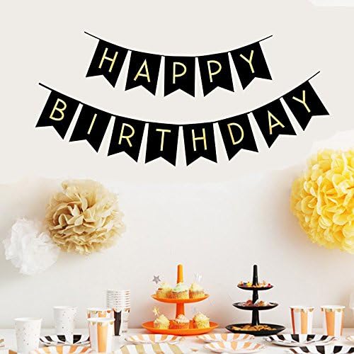 Black Happy Birthday Bunting Banner with Shiny Gold Letters Pre-Strung No DIY for Birthday Party Decorations (Black)