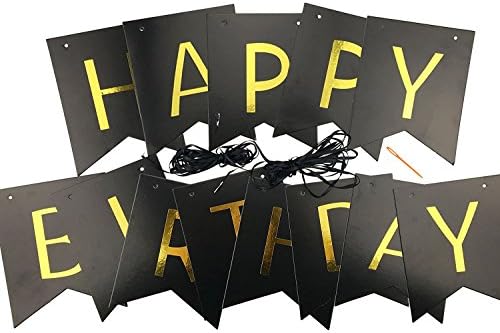 Black Happy Birthday Bunting Banner with Shiny Gold Letters Pre-Strung No DIY for Birthday Party Decorations (Black)