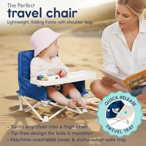 OmniBoost Travel Booster Seat with Tray for Baby | Folding Portable Baby Booster Seat for Dining Table, Camping, Beach, Grandma’s | Tip-Free Design Straps to Kitchen Chairs - Booster Chair