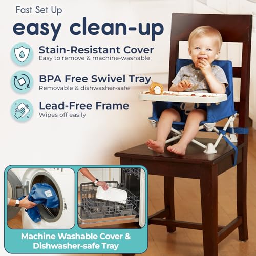 OmniBoost Travel Booster Seat with Tray for Baby | Folding Portable Baby Booster Seat for Dining Table, Camping, Beach, Grandma’s | Tip-Free Design Straps to Kitchen Chairs - Booster Chair