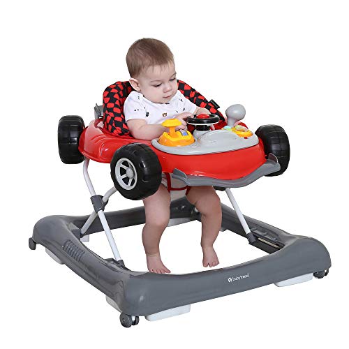Trend 5.0 Activity Walker with Removable Toy Bar (Lights and Sounds), Adjustable Height and Flat Fold Frame for Storage, Ages 6 Months +, Speedster Red
