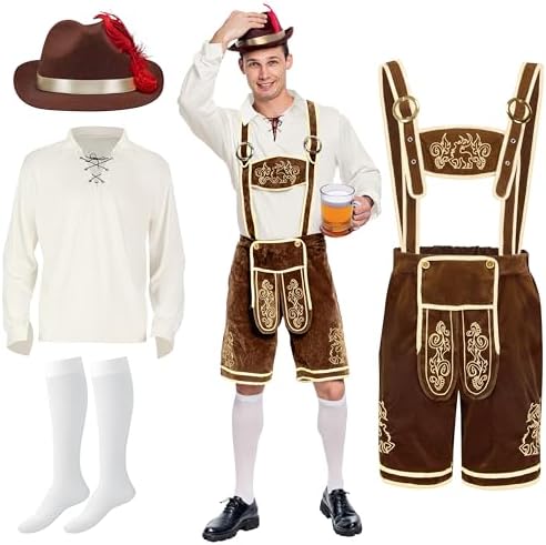 Lederhosen Men Oktoberfest Outfit Costume, Halloween German Bavarian Costume for Adults Beer Festival
