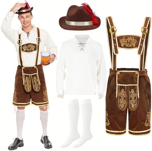 Lederhosen Men Oktoberfest Outfit Costume, Halloween German Bavarian Costume for Adults Beer Festival