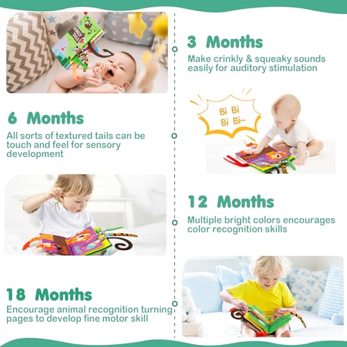 Baby Books Toys, Touch and Feel Crinkle Cloth Book for Infant Baby 0-3-6-12-18 Months, Early Development Interactive Stroller Soft Toys, Newborn Gifts for Boys Girls