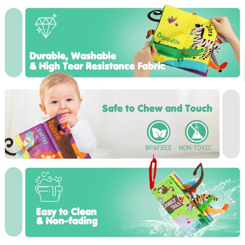 Baby Books Toys, Touch and Feel Crinkle Cloth Book for Infant Baby 0-3-6-12-18 Months, Early Development Interactive Stroller Soft Toys, Newborn Gifts for Boys Girls