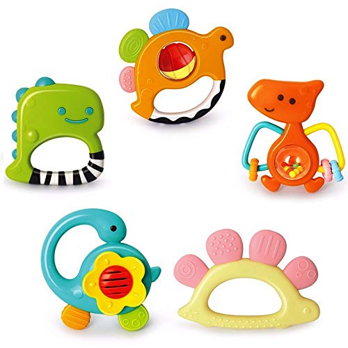 Baby Rattle Teether Set, Shaker Grab Spin Musical Toy, Early Educational Sensory Shower Gifts for 3 6 9 12 Month Infant Newborn