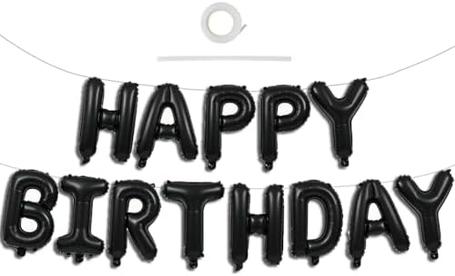 Black Happy Birthday Balloons Banner Decoration 16 Inch Mylar Foil Letters Birthday Sign Banner Bunting Reusable for 30th 40th 50th 60th Men Adults and Halloween Party Supplies