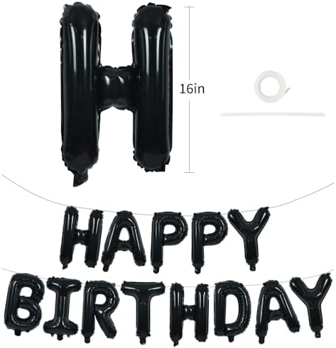 Black Happy Birthday Balloons Banner Decoration 16 Inch Mylar Foil Letters Birthday Sign Banner Bunting Reusable for 30th 40th 50th 60th Men Adults and Halloween Party Supplies