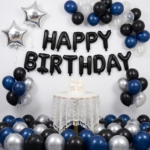 Black Happy Birthday Balloons Banner Decoration 16 Inch Mylar Foil Letters Birthday Sign Banner Bunting Reusable for 30th 40th 50th 60th Men Adults and Halloween Party Supplies