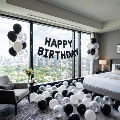 Black Happy Birthday Balloons Banner Decoration 16 Inch Mylar Foil Letters Birthday Sign Banner Bunting Reusable for 30th 40th 50th 60th Men Adults and Halloween Party Supplies