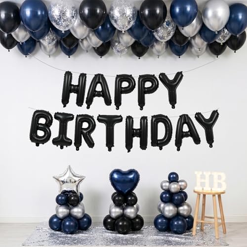 Black Happy Birthday Balloons Banner Decoration 16 Inch Mylar Foil Letters Birthday Sign Banner Bunting Reusable for 30th 40th 50th 60th Men Adults and Halloween Party Supplies