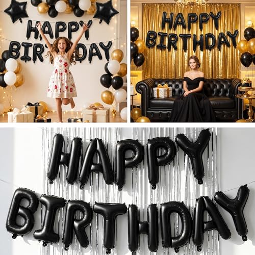 Black Happy Birthday Balloons Banner Decoration 16 Inch Mylar Foil Letters Birthday Sign Banner Bunting Reusable for 30th 40th 50th 60th Men Adults and Halloween Party Supplies
