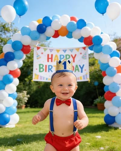 Baby Boys First Birthday Cake Smash Outfit Bow Tie Suspenders Bloomers Birthday Hat Sparkle Gold Set