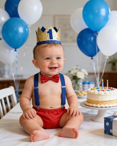 Baby Boys First Birthday Cake Smash Outfit Bow Tie Suspenders Bloomers Birthday Hat Sparkle Gold Set