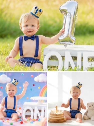 Baby Boys First Birthday Cake Smash Outfit Bow Tie Suspenders Bloomers Birthday Hat Sparkle Gold Set