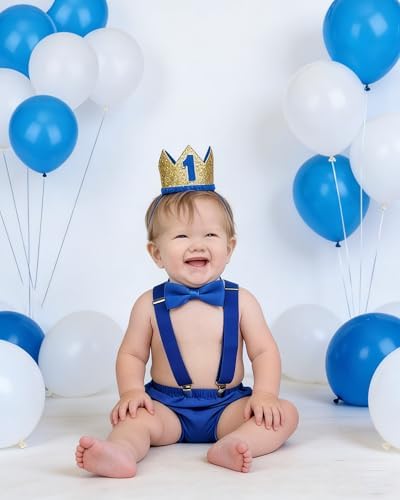 Baby Boys First Birthday Cake Smash Outfit Bow Tie Suspenders Bloomers Birthday Hat Sparkle Gold Set