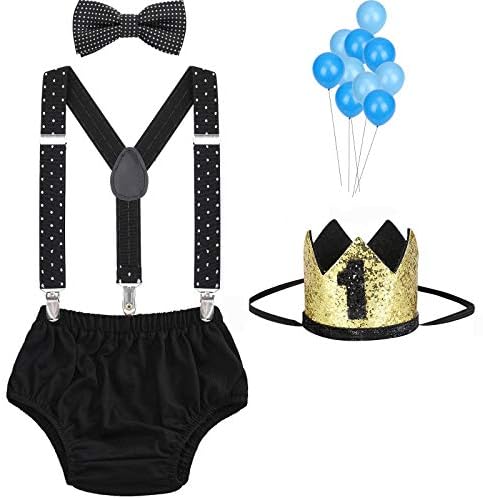 Baby Boys First Birthday Cake Smash Outfit Bow Tie Suspenders Bloomers Birthday Hat Sparkle Gold Set