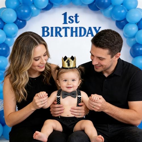 Baby Boys First Birthday Cake Smash Outfit Bow Tie Suspenders Bloomers Birthday Hat Sparkle Gold Set