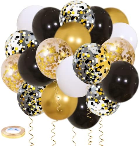 Black Gold Confetti Balloons 50 pack - 12 Inch Gold White and Black Confetti Balloons with Ribbons for Graduation Birthday Wedding Party Decorations