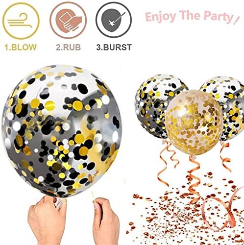 Black Gold Confetti Balloons 50 pack - 12 Inch Gold White and Black Confetti Balloons with Ribbons for Graduation Birthday Wedding Party Decorations
