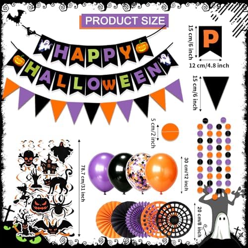 Happy Halloween Banner Triangular bunting Paper flower fans Circle garland Latex balloons Swirls for Halloween Party decoration Indoor Outdoor Wall Door Decoration