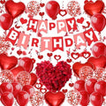 Red Happy Birthday Banner Heart-Shaped Aluminum Foil Balloon Round Latex balloons Fake Petals Hanging Streamers for happy Birthday Party Decorations