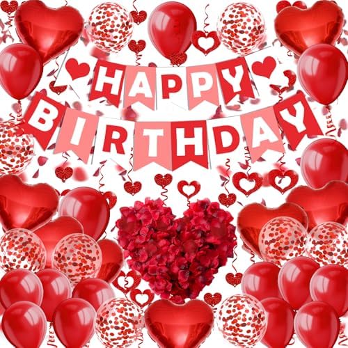 Red Happy Birthday Banner Heart-Shaped Aluminum Foil Balloon Round Latex balloons Fake Petals Hanging Streamers for happy Birthday Party Decorations