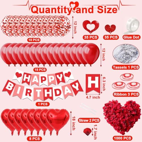 Red Happy Birthday Banner Heart-Shaped Aluminum Foil Balloon Round Latex balloons Fake Petals Hanging Streamers for happy Birthday Party Decorations