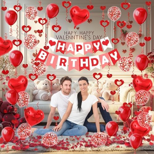 Red Happy Birthday Banner Heart-Shaped Aluminum Foil Balloon Round Latex balloons Fake Petals Hanging Streamers for happy Birthday Party Decorations