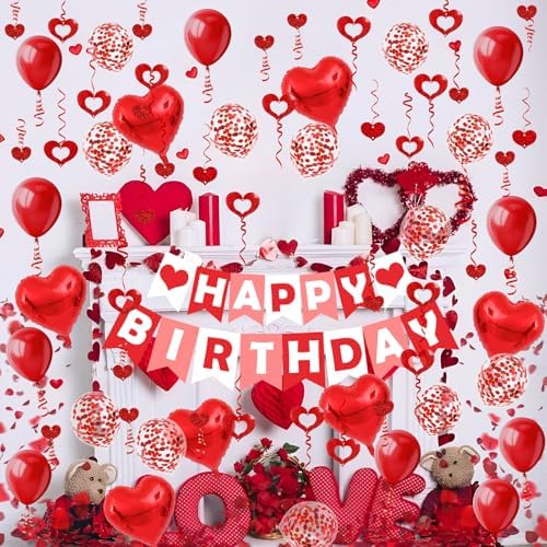 Red Happy Birthday Banner Heart-Shaped Aluminum Foil Balloon Round Latex balloons Fake Petals Hanging Streamers for happy Birthday Party Decorations
