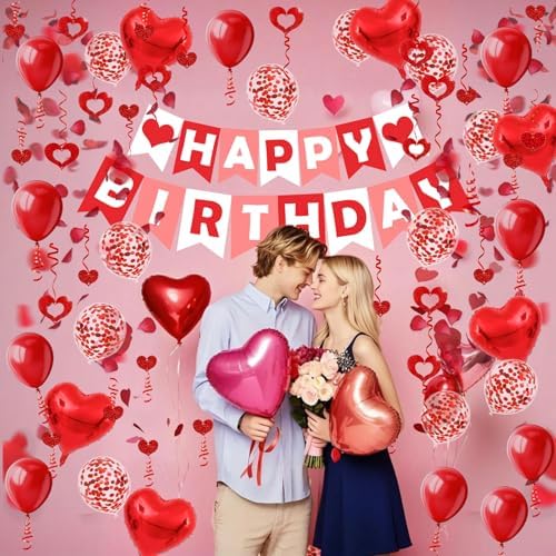 Red Happy Birthday Banner Heart-Shaped Aluminum Foil Balloon Round Latex balloons Fake Petals Hanging Streamers for happy Birthday Party Decorations
