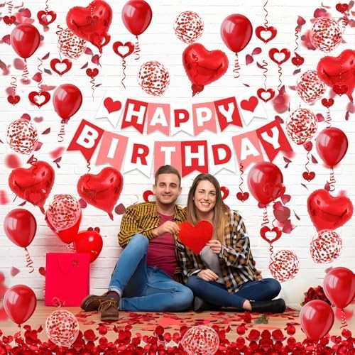 Red Happy Birthday Banner Heart-Shaped Aluminum Foil Balloon Round Latex balloons Fake Petals Hanging Streamers for happy Birthday Party Decorations