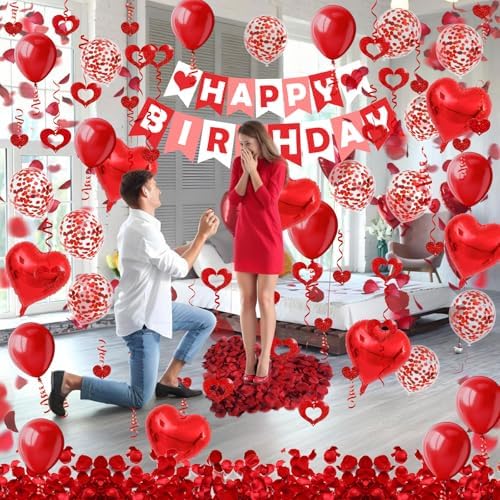 Red Happy Birthday Banner Heart-Shaped Aluminum Foil Balloon Round Latex balloons Fake Petals Hanging Streamers for happy Birthday Party Decorations