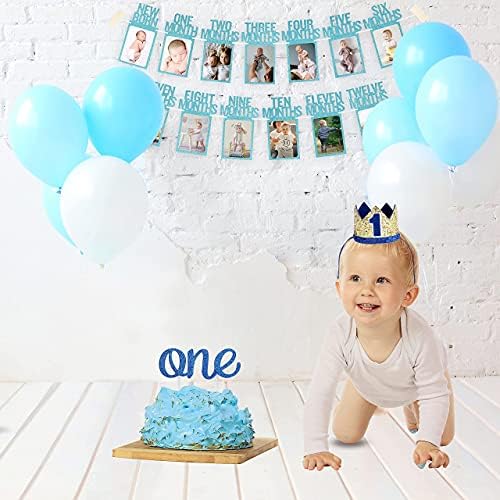1st Birthday Photo Banner for Baby from Newborn to 12 Months, First Birthday Decorations for Boys Monthly Milestones Garland | First Photo Banner Pre-strung with Frame (Blue)
