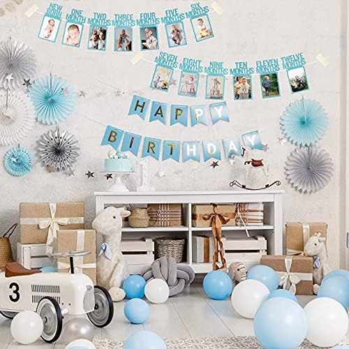 1st Birthday Photo Banner for Baby from Newborn to 12 Months, First Birthday Decorations for Boys Monthly Milestones Garland | First Photo Banner Pre-strung with Frame (Blue)
