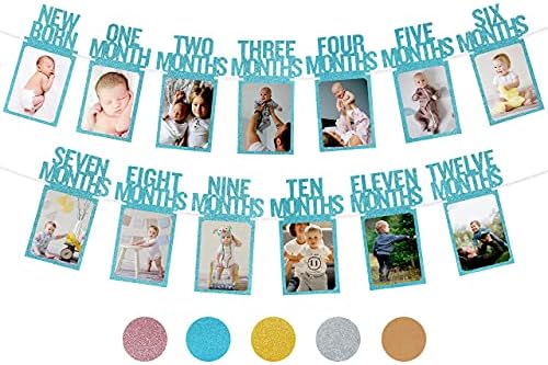 1st Birthday Photo Banner for Baby from Newborn to 12 Months, First Birthday Decorations for Boys Monthly Milestones Garland | First Photo Banner Pre-strung with Frame (Blue)