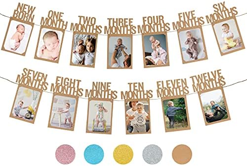 1st Birthday Photo Banner for Baby from Newborn to 12 Months, First Birthday Decorations Boy or Girl Monthly Milestones Garland | 1 Year Old Photo Banner Pre-strung with Frame (Kraft)