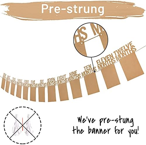 1st Birthday Photo Banner for Baby from Newborn to 12 Months, First Birthday Decorations Boy or Girl Monthly Milestones Garland | 1 Year Old Photo Banner Pre-strung with Frame (Kraft)
