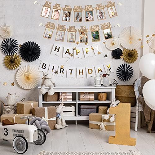 1st Birthday Photo Banner for Baby from Newborn to 12 Months, First Birthday Decorations Boy or Girl Monthly Milestones Garland | 1 Year Old Photo Banner Pre-strung with Frame (Kraft)